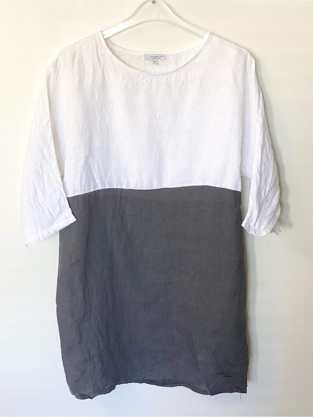 Vanessa Zani 100% Linen Colorblock Tunic Dress - Gray/White - M